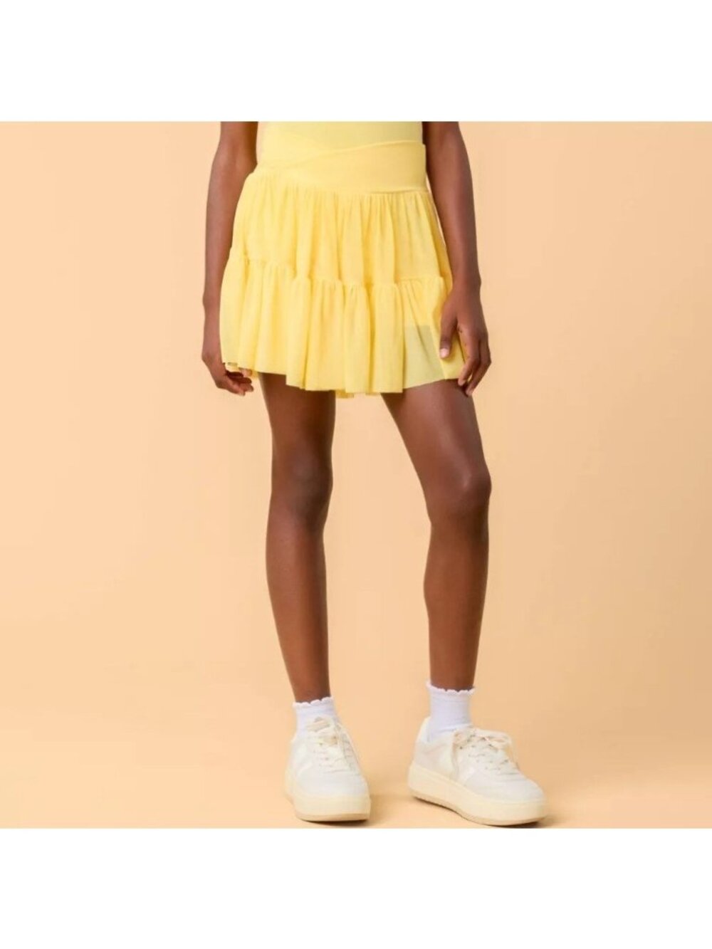 BLOGILATES Girls' Ballerina Skort Size S (6/7) Yellow Tiered Mesh Built-in